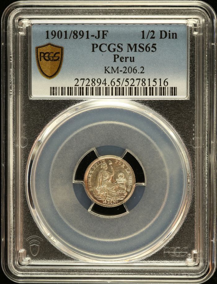 Peru 1/2 Dinero 1901/891 JF KM-206.2 PCGS MS65 0151222Peru 1/2 Dinero 1901/891 JF KM-206.2 PCGS MS65 0151222