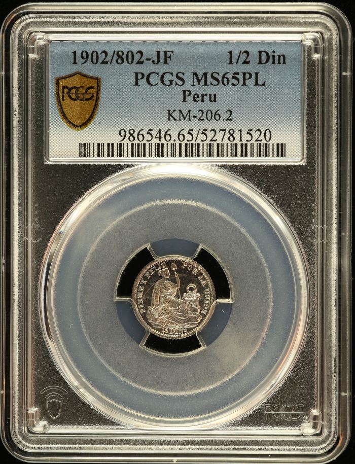 Peru 1/2 Dinero 1902/802 JF KM-206.2 PCGS MS65PL 0151224Peru 1/2 Dinero 1902/802 JF KM-206.2 PCGS MS65PL 0151224