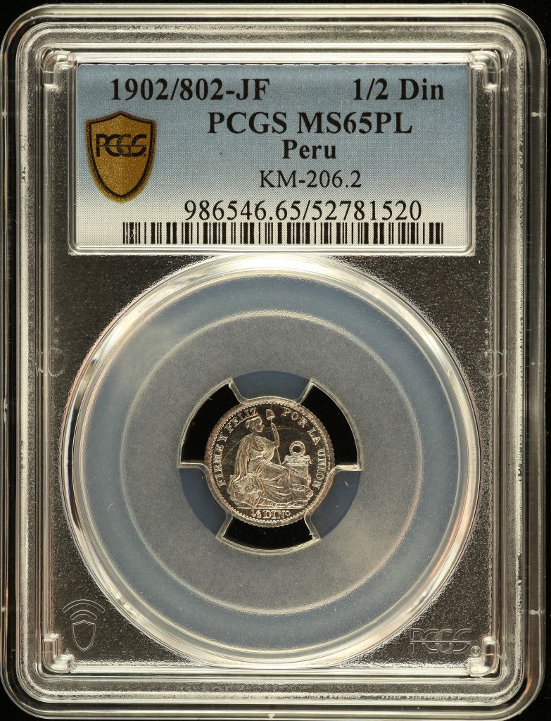 Peru 1/2 Dinero 1902/802 JF KM-206.2 PCGS MS65PL 0151224