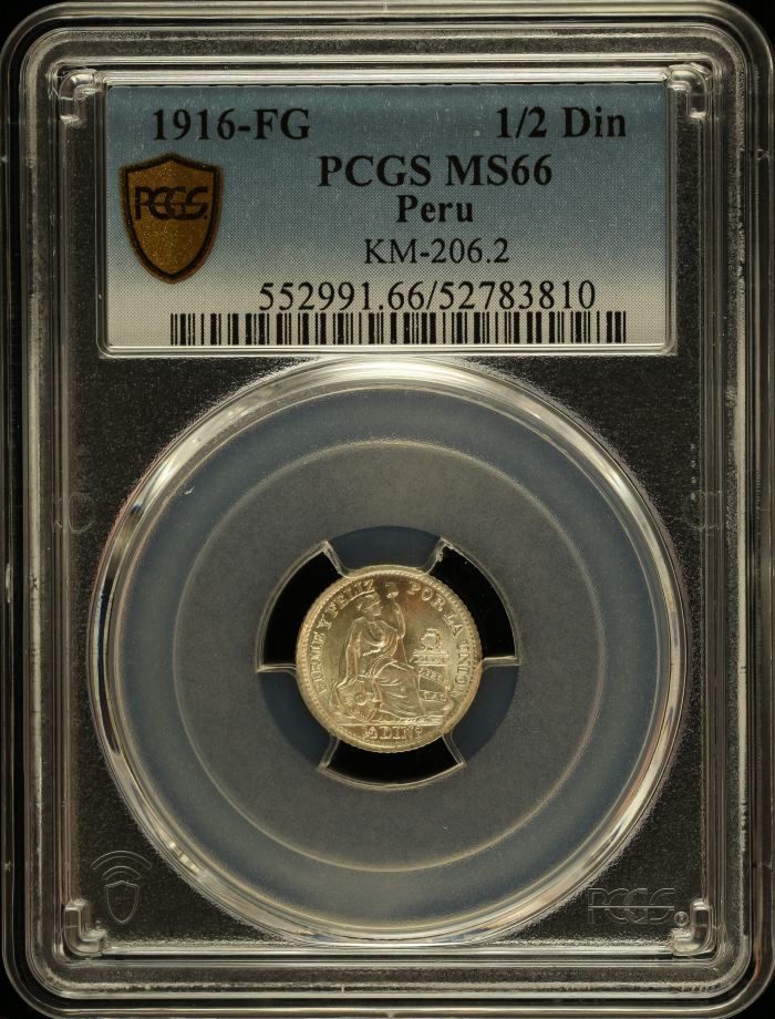 Peru 1/2 Dinero 1916 FG KM-206.2 PCGS MS66 0151065Peru 1/2 Dinero 1916 FG KM-206.2 PCGS MS66 0151065