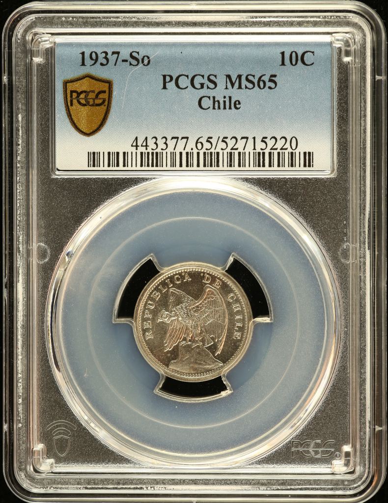 Chile 10 Centavo 1937 So PCGS MS65 0151159