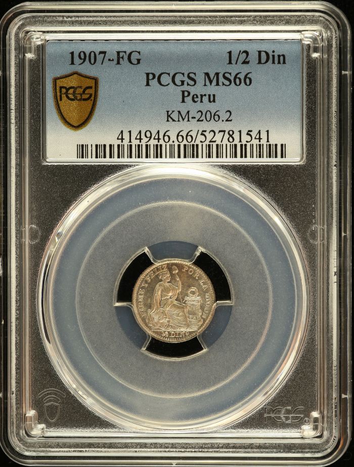Peru 1/2 Dinero 1907 FG KM-206.2 PCGS MS66 0151226Peru 1/2 Dinero 1907 FG KM-206.2 PCGS MS66 0151226