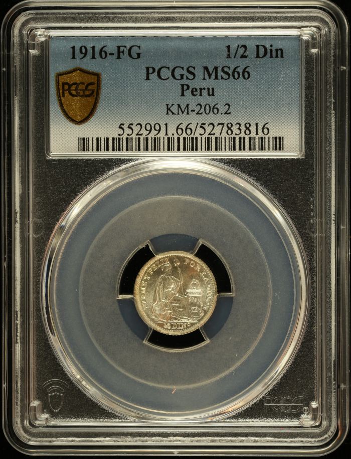 Peru 1/2 Dinero 1916 FG KM-206.2 PCGS MS66 0151067Peru 1/2 Dinero 1916 FG KM-206.2 PCGS MS66 0151067