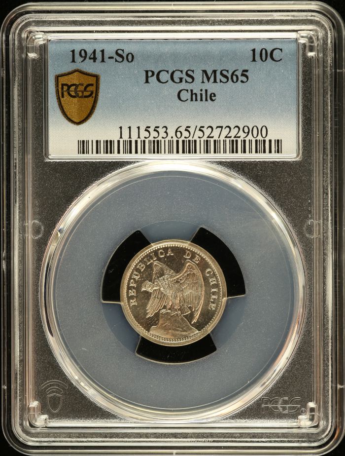 Chile 10 Centavo 1941 So PCGS MS65 0151161Chile 10 Centavo 1941 So PCGS MS65 0151161