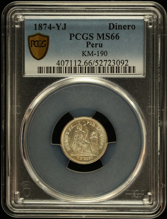 Peru Dinero 1874 YJ KM-190 PCGS MS66 0151068Peru Dinero 1874 YJ KM-190 PCGS MS66 0151068