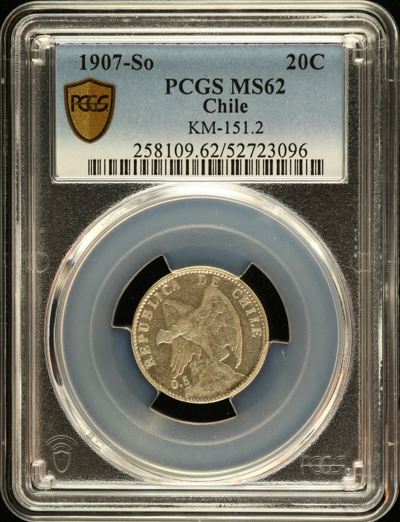 Chile 20 Centavo 1907 So KM-151.2 PCGS MS62 0151162