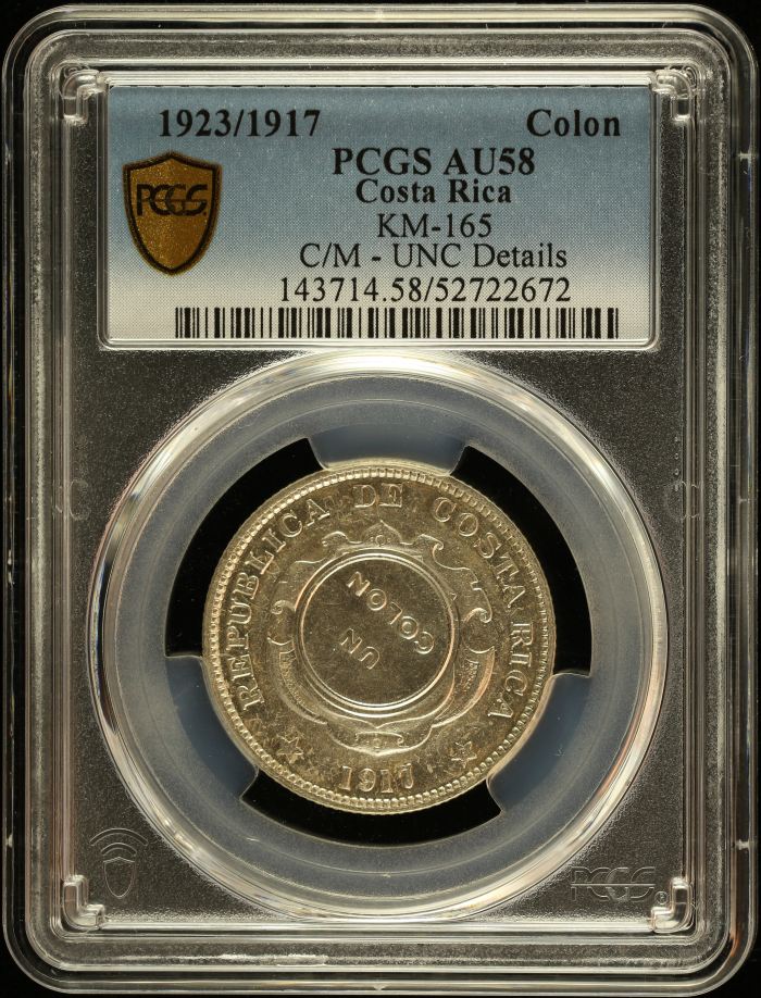 Costa Rica Colon 1923/1917 KM-165 PCGS AU58 0151069Costa Rica Colon 1923/1917 KM-165 PCGS AU58 0151069