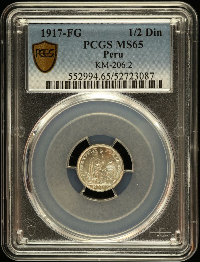 Peru 1/2 Dinero 1917 FG KM-206.2 PCGS MS65 0151230Peru 1/2 Dinero 1917 FG KM-206.2 PCGS MS65 0151230