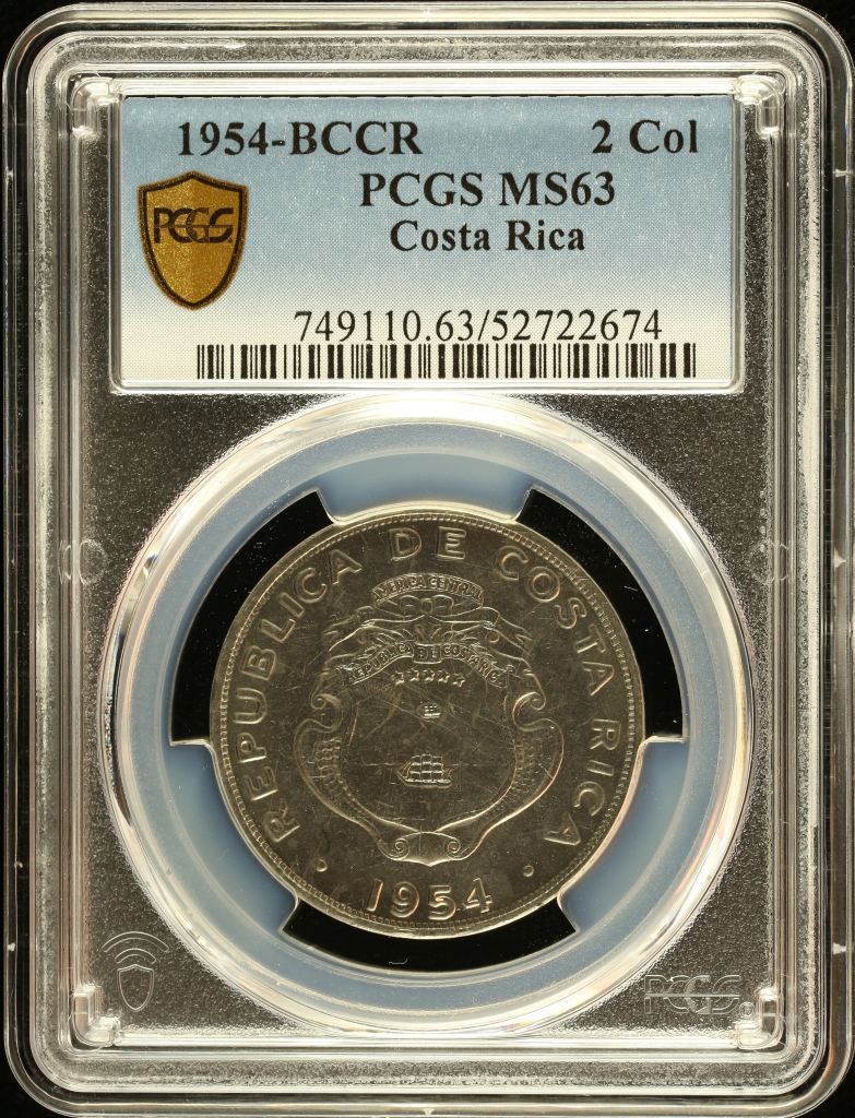 Costa Rica 2 Colon 1954 BCCR PCGS MS63 0151071