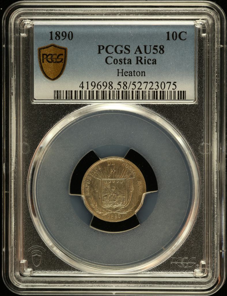 Costa Rica 10 Centavos 1890 Heaton PCGS AU58 0151075
