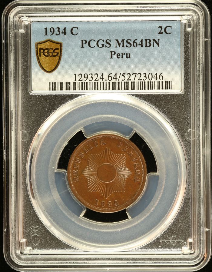 Peru 2 Centavo 1934 C PCGS MS64BN 0151235Peru 2 Centavo 1934 C PCGS MS64BN 0151235