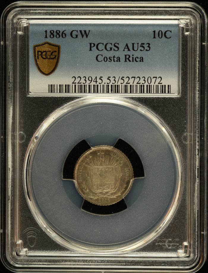 Costa Rica 10 Centavos 1886 GW PCGS AU53 0151077Costa Rica 10 Centavos 1886 GW PCGS AU53 0151077