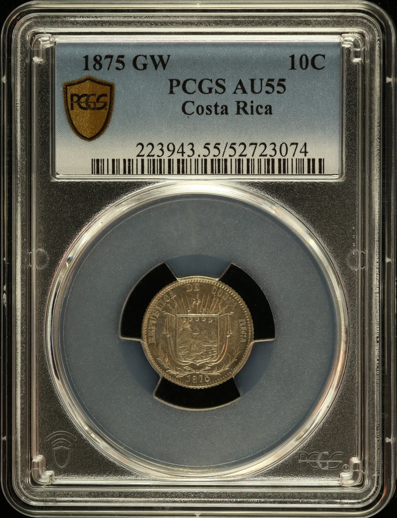 Costa Rica 10 Centavos 1875 GW PCGS AU55 0151078