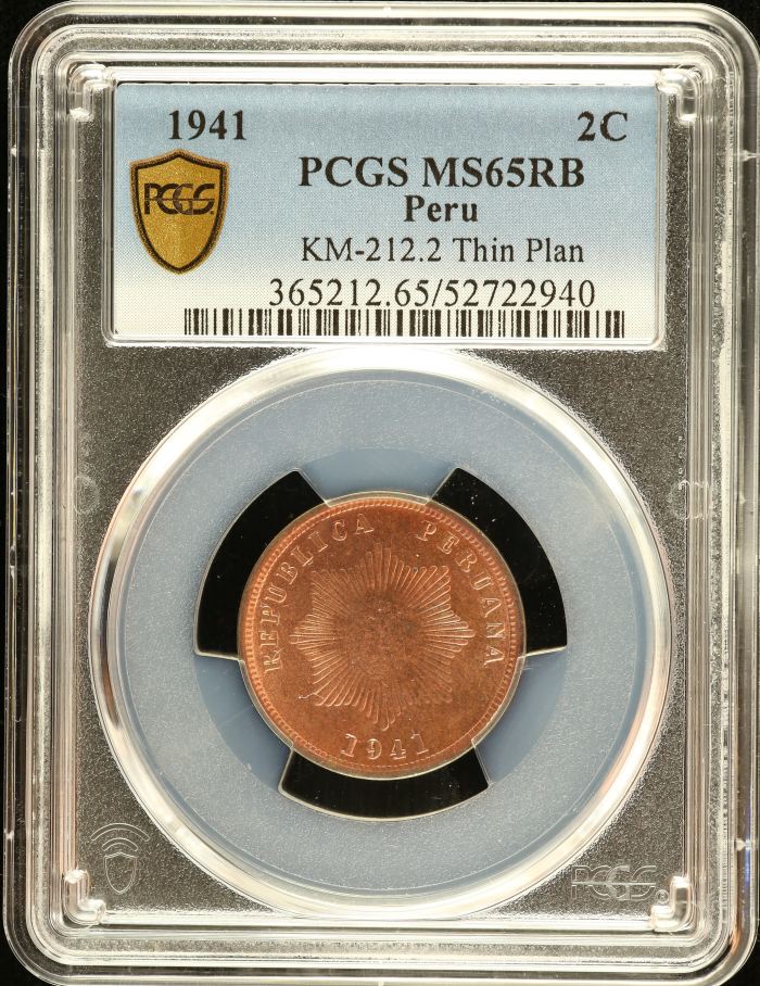 Peru 2 Centavo 1941 KM-212.2 PCGS MS65RB 0151238Peru 2 Centavo 1941 KM-212.2 PCGS MS65RB 0151238