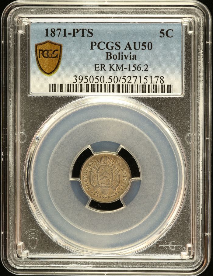 Bolivia 5 Centavo 1871 Pts ER PCGS AU50 KM-156.2 0151173Bolivia 5 Centavo 1871 Pts ER PCGS AU50 KM-156.2 0151173