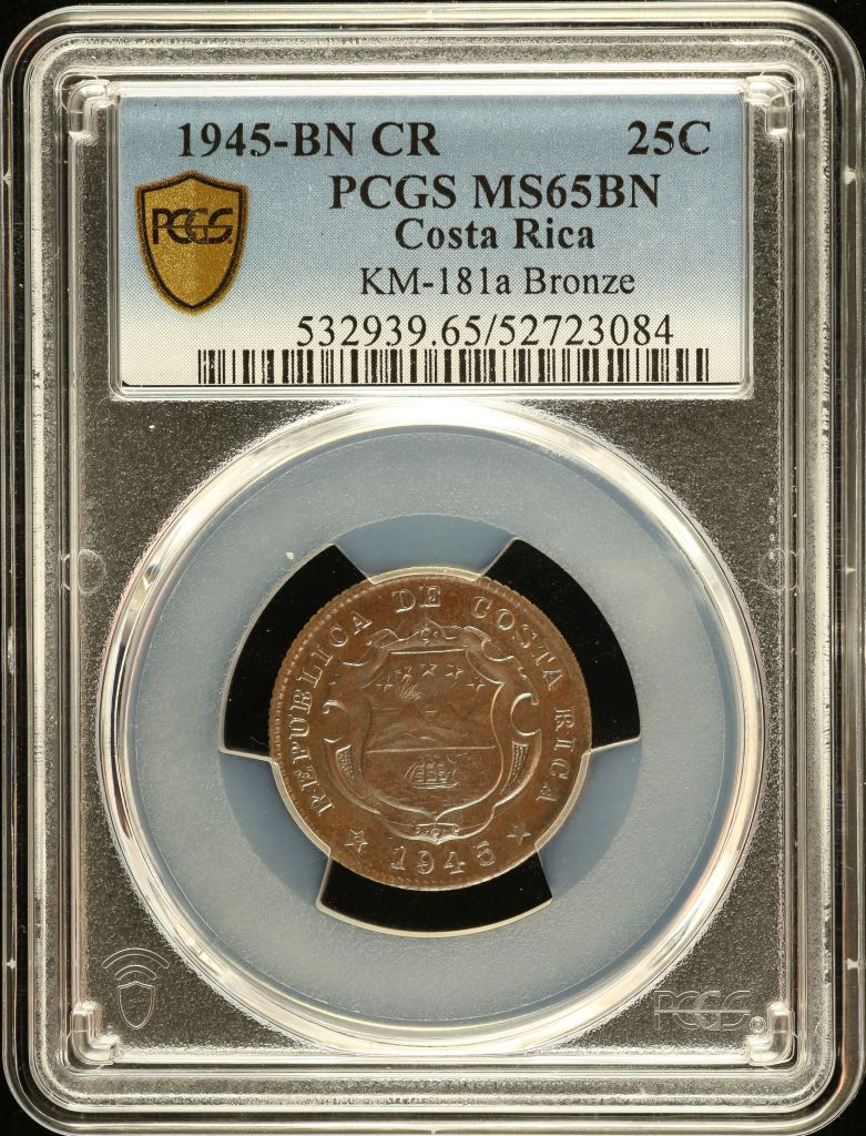 Costa Rica 25 Centimos 1945 BN CR KM-181a PCGS MS65BN 0151080