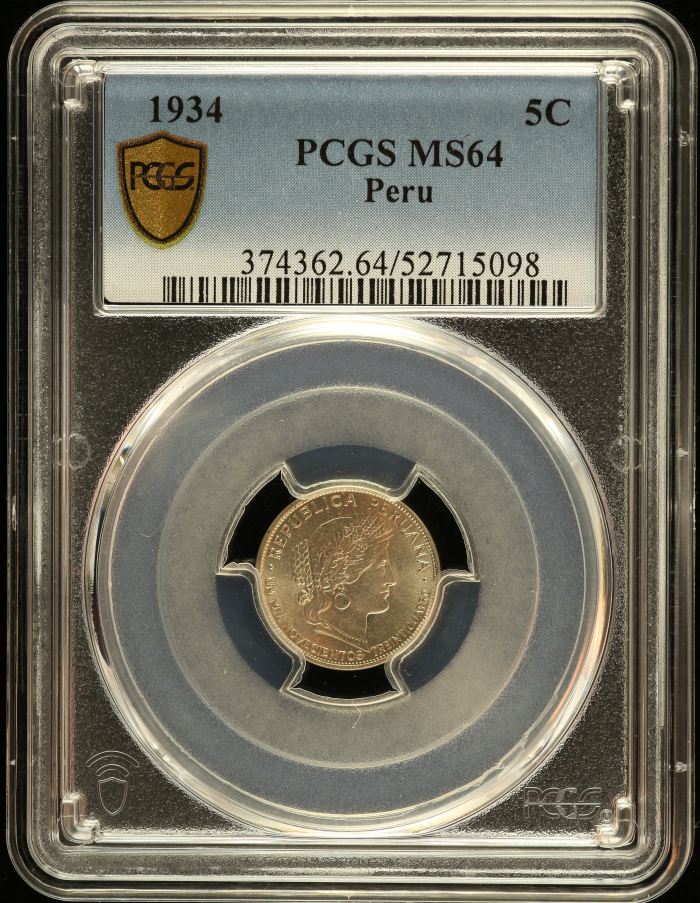 Peru 5 Centavo 1934 PCGS MS64 0151240Peru 5 Centavo 1934 PCGS MS64 0151240