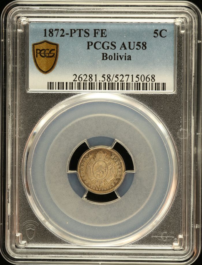 Bolivia 5 Centavo 1872 Pts FE PCGS AU58 0151174Bolivia 5 Centavo 1872 Pts FE PCGS AU58 0151174
