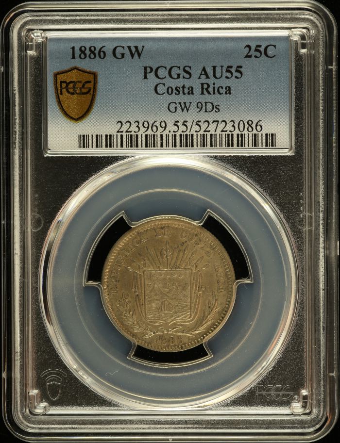 Costa Rica 25 Centimos 1886 GW PCGS AU55 0151081Costa Rica 25 Centimos 1886 GW PCGS AU55 0151081
