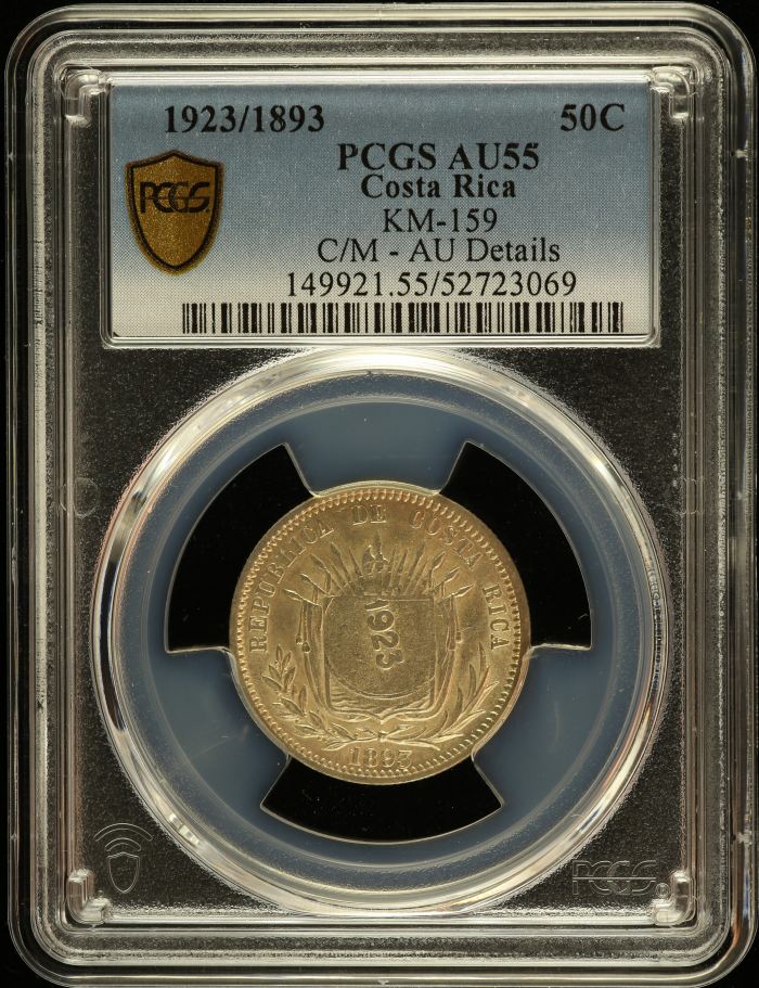 Costa Rica 50 Centimos 1923/1893 KM-159 PCGS AU55 0151082Costa Rica 50 Centimos 1923/1893 KM-159 PCGS AU55 0151082