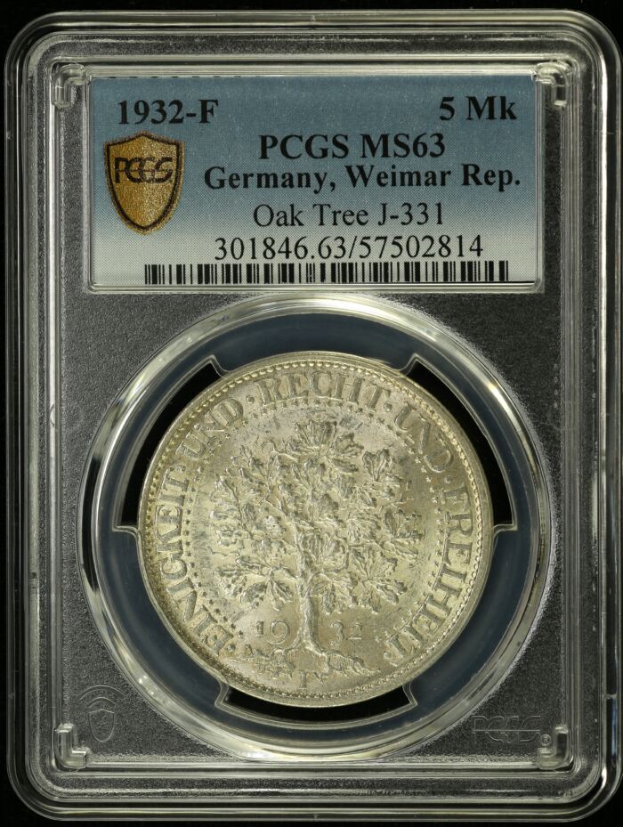 Germany 5 Mark 1932 F PCGS MS63 0151793Germany 5 Mark 1932 F PCGS MS63 0151793