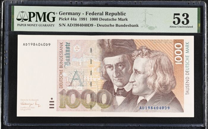 Germany 1,000 Deutsche Mark 1991 PMG AU53 Pick# 44a 0151808Germany 1,000 Deutsche Mark 1991 PMG AU53 Pick# 44a 0151808