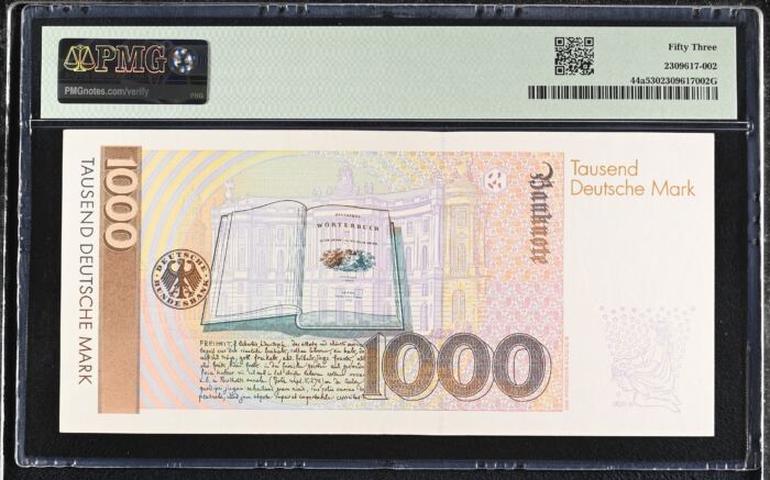 Germany 1,000 Deutsche Mark 1991 PMG AU53 Pick# 44a 0151808Germany 1,000 Deutsche Mark 1991 PMG AU53 Pick# 44a 0151808 - Image 2