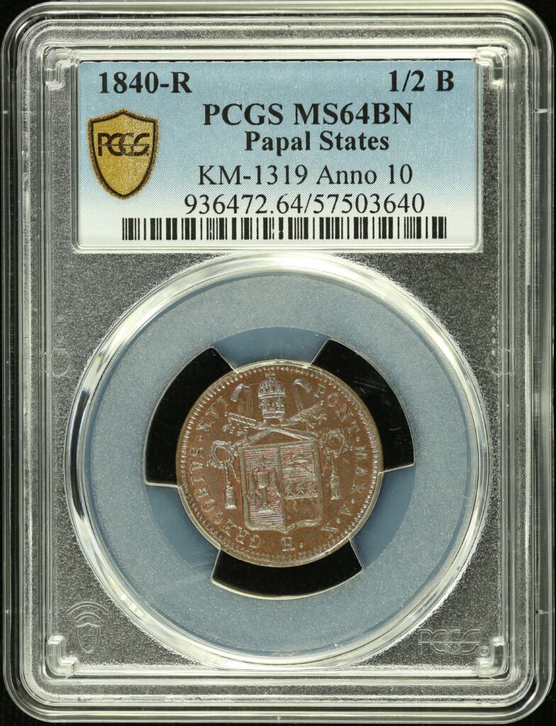 Italy/San Marino/Vatican 1/2 Baiocco 1840 R KM-1319 PCGS MS64BN 0151824
