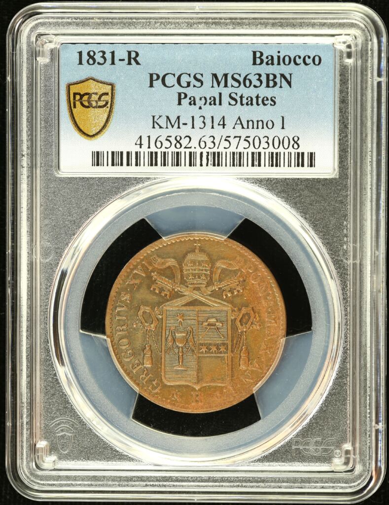 Europe  Italy/San Marino/Vatican  World Coins Italy/San Marino/Vatican Baiocco 1831 R KM-1314 PCGS MS63BN 0151870 Italy/San Marino/Vatican Baiocco 1831 R KM-1314 PCGS MS63BN 0151870