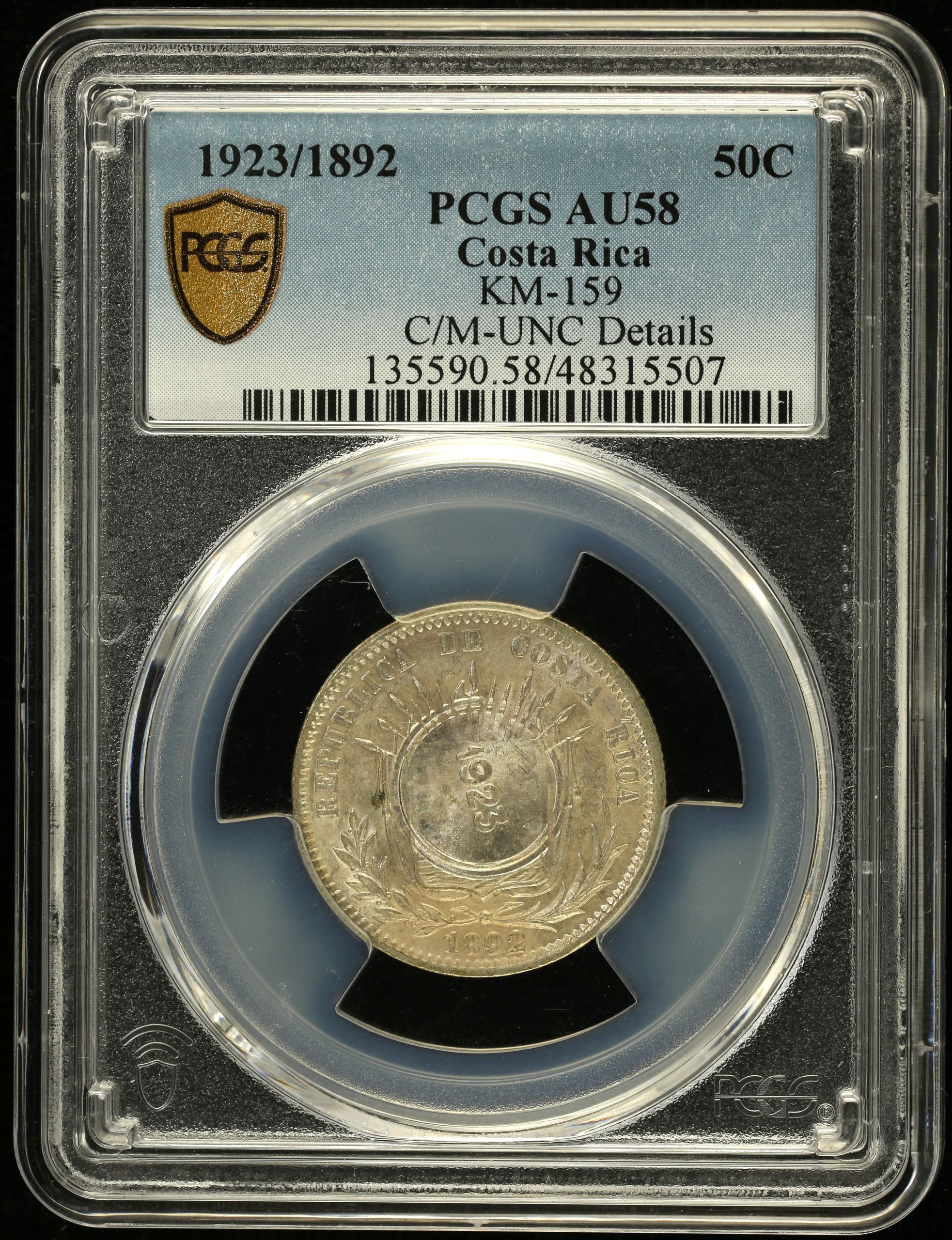 Costa Rica 50 Centimos 1923/1892 KM-159 PCGS AU58 0151891