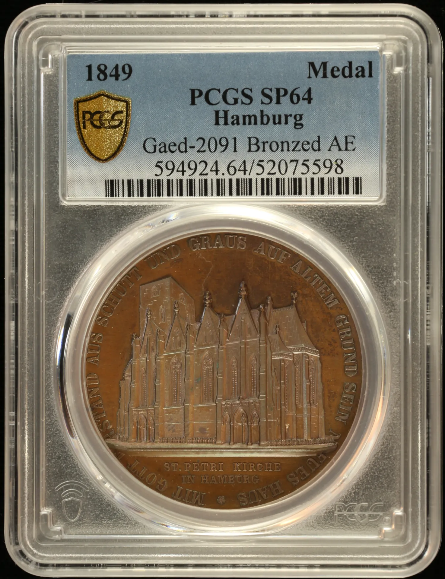 Germany Hamburg Bronze Medal 1849 PCGS SP64 0151903