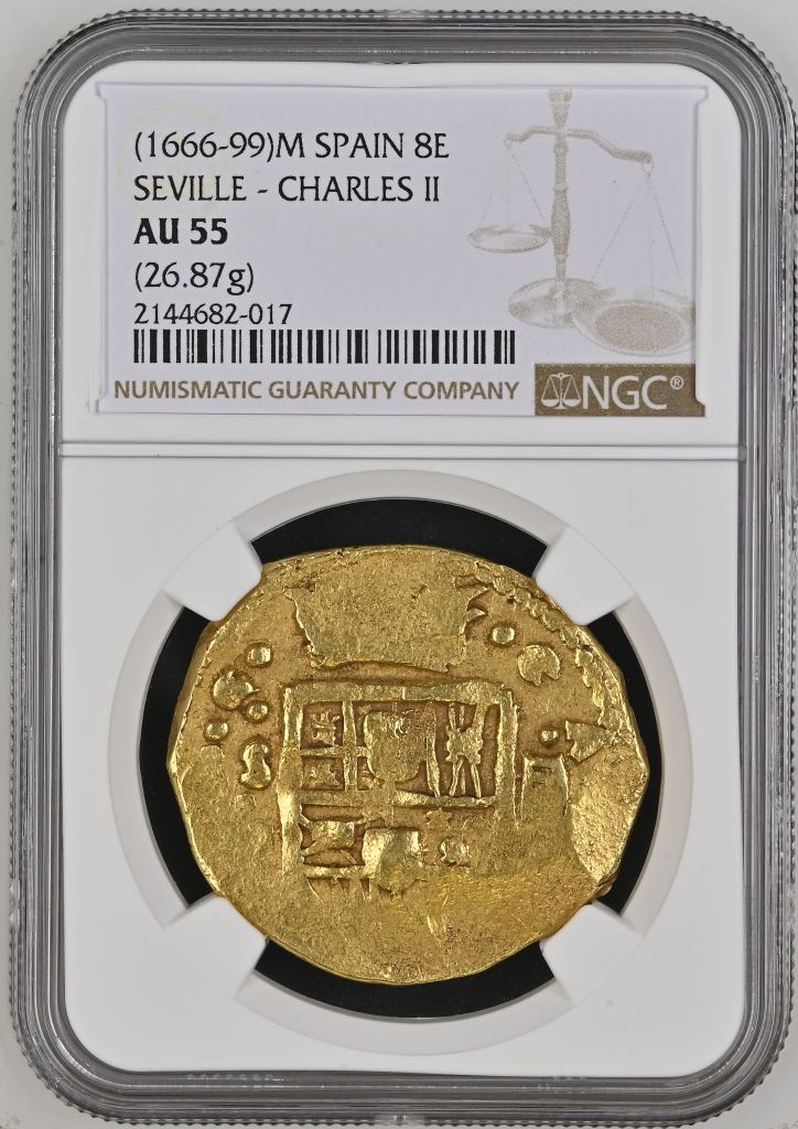 Spain 8 Escudos (1666-99) S M NGC AU55 0152170