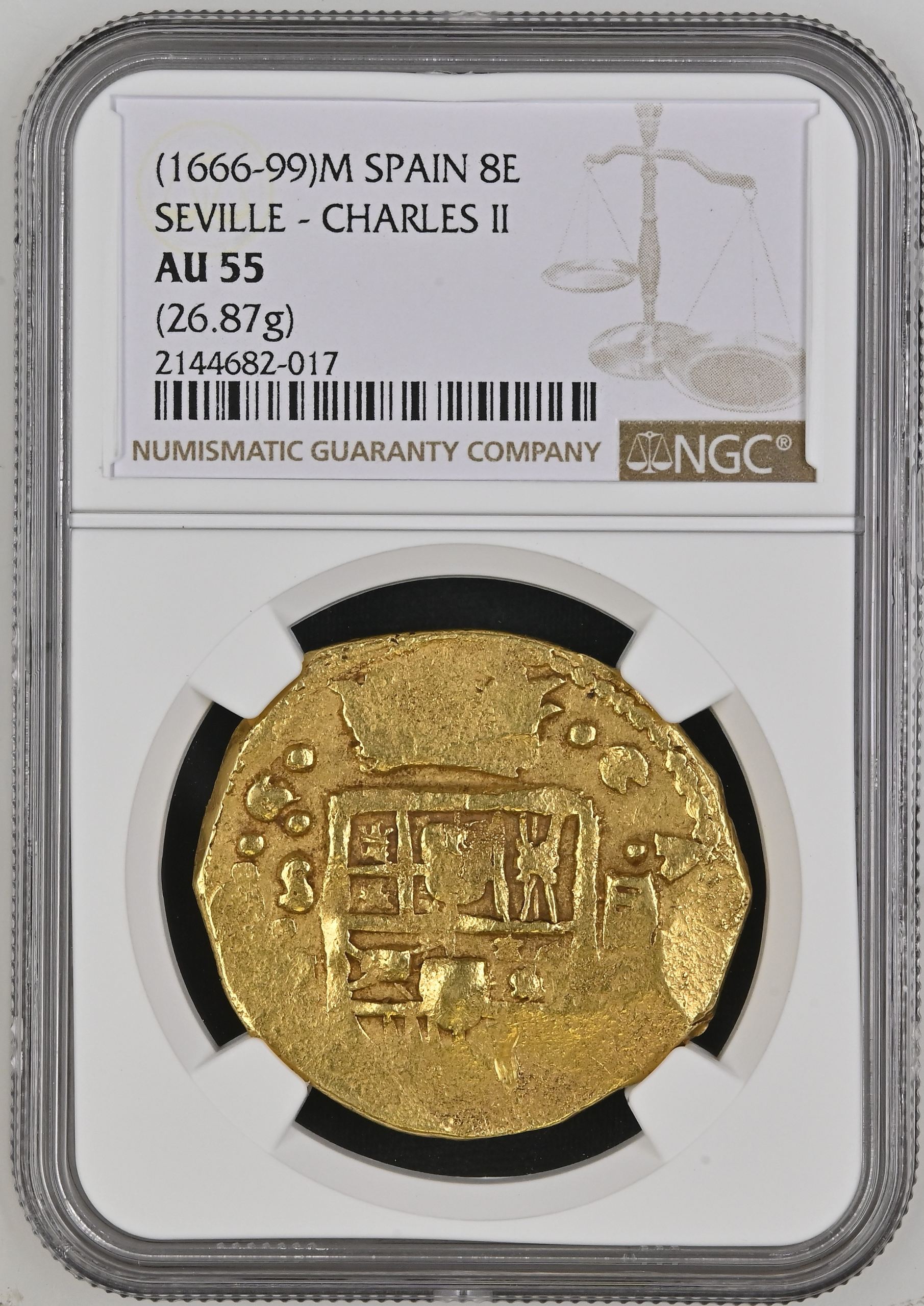 Spain 8 Escudos (1666-99) S M NGC AU55 0152170