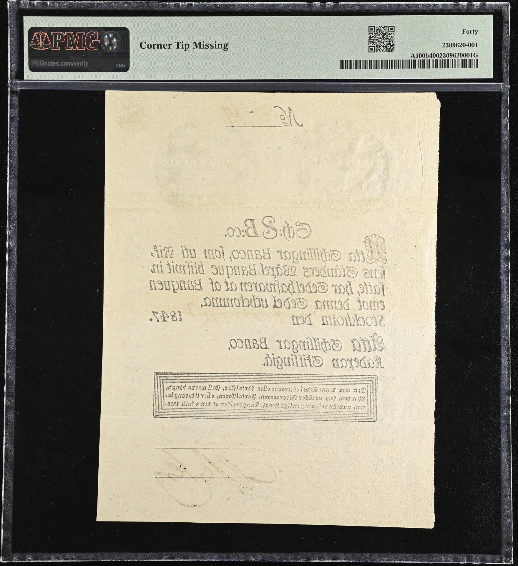 Sweden World Currency Sweden 8 Shillingar Banco 1847 PMG XF40 Pick #A100b 0152316 Sweden 8 Shillingar Banco 1847 PMG XF40 Pick #A100b 0152316Sweden 8 Shillingar Banco 1847 PMG XF40 Pick #A100b 0152316 - Image 2