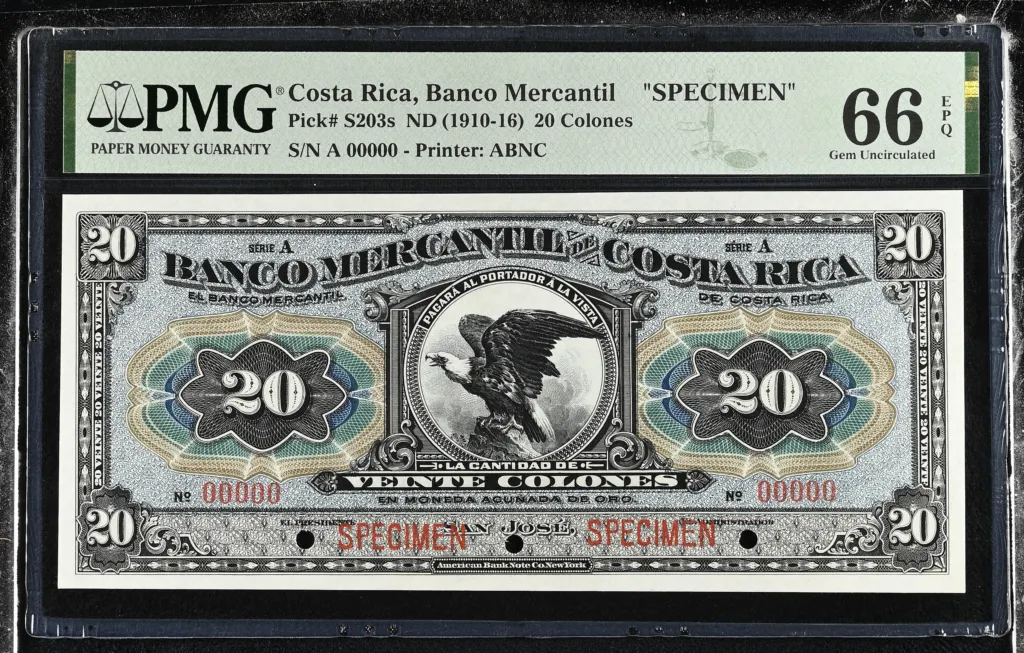 Costa Rica 20 Colones (1910-16) PMG Gem UNC66 EPQ Pick #S203s 0152318