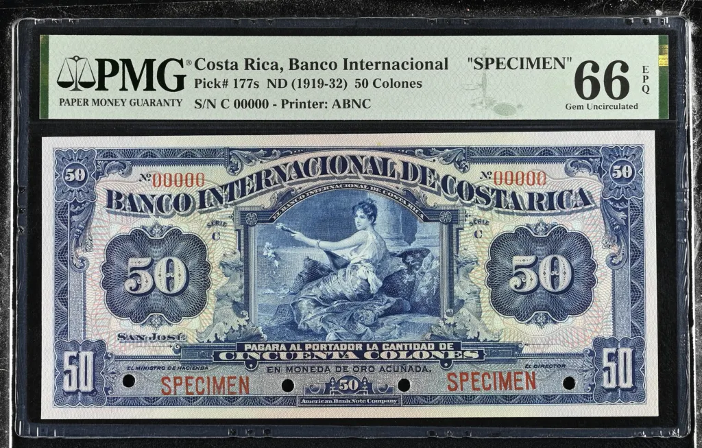 Costa Rica 50 Colones (1919-32) PMG Gem UNC66 EPQ Pick #177s 0152319