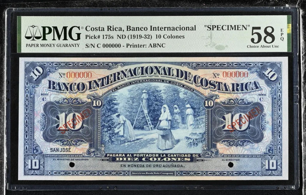 Costa Rica 10 Colones (1919-32) PMG Ch AU58 EPQ Pick #175s 0152321