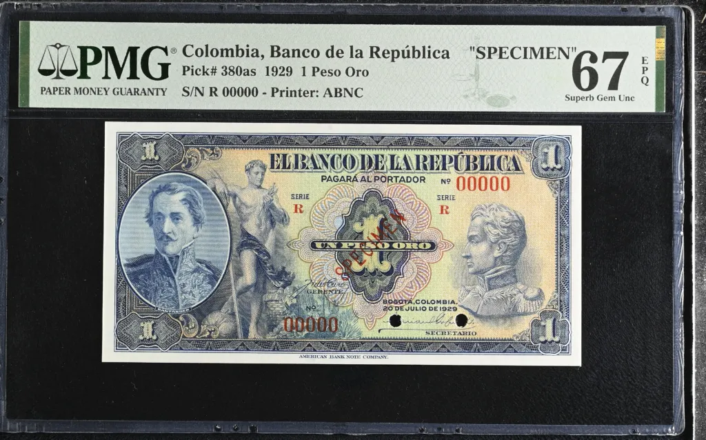 Colombia Peso Oro 1929 PMG Superb Gem UNC67 EPQ Pick #380as 0152325