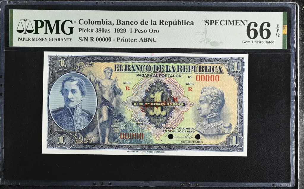 Colombia Peso Oro 1929 PMG Gem UNC66 EPQ Pick #380as 0152326
