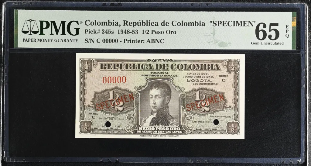 Colombia 1/2 Peso Oro 1948 PMG Gem UNC65 EPQ Pick #345s 0152327