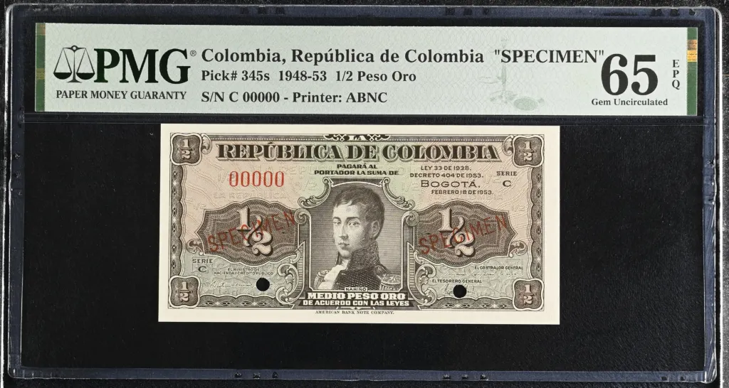 Colombia 1/2 Peso Oro 1953 PMG Gem UNC65 EPQ Pick #345s 0152328