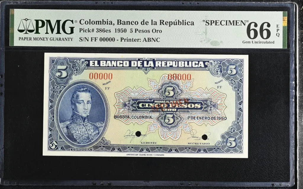 Colombia 5 Pesos Oro 1950 PMG Gem UNC66 EPQ Pick #386es 0152329