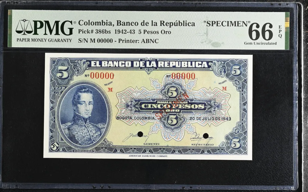 Colombia 5 Pesos Oro 1943 PMG Gem UNC66 EPQ Pick #386bs 0152330