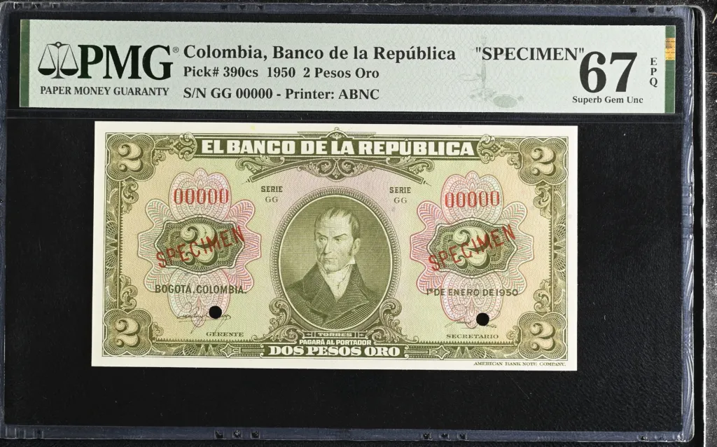 Colombia 2 Pesos Oro 1950 PMG Superb Gem UNC67 EPQ Pick #390cs 0152331