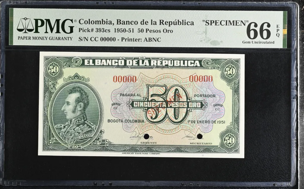 Colombia 50 Pesos Oro 1951 PMG Gem UNC66 EPQ Pick #393cs 0152332