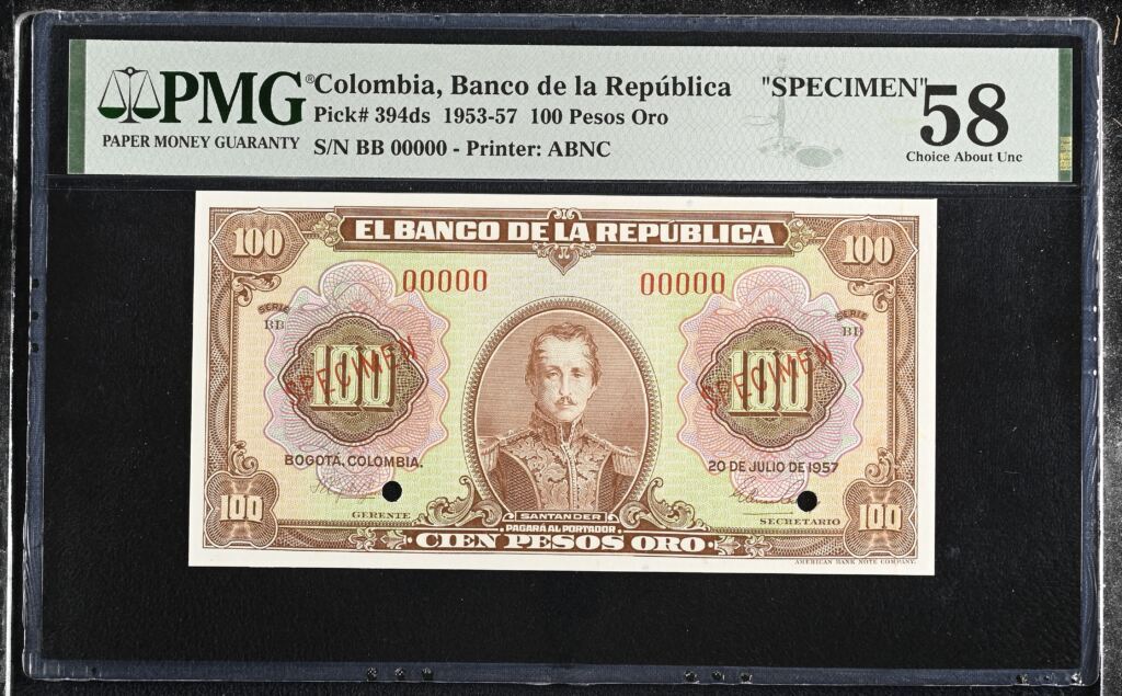 Colombia 100 Pesos Oro 1953-57 Pick 394ds PMG Ch UNC 58 0152333