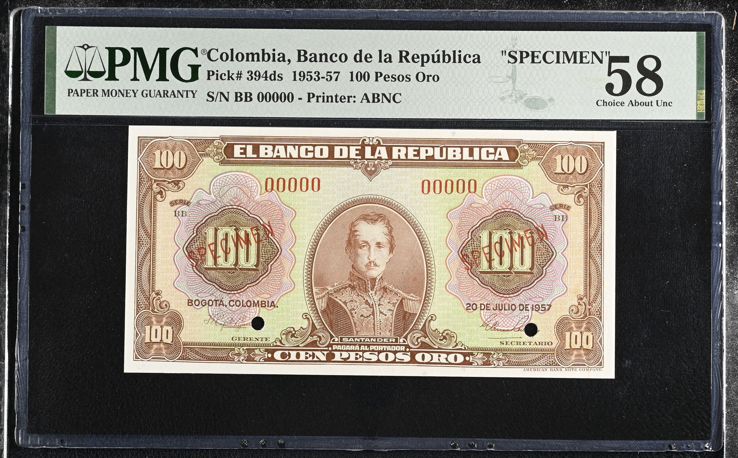Colombia 100 Pesos Oro 1953-57 Pick 394ds PMG Ch UNC 58 0152333
