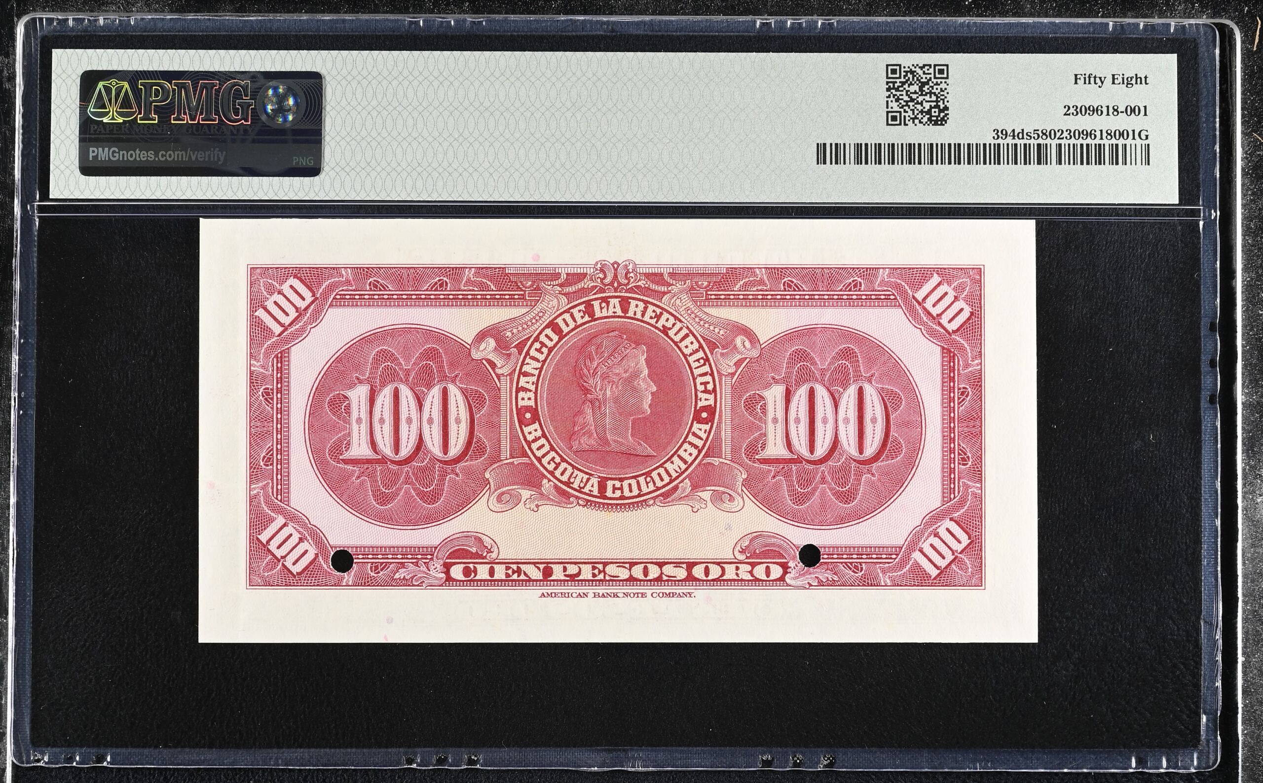 Colombia World Currency Colombia 100 Pesos Oro 1953-57 Pick 394ds PMG Ch UNC 58 0152333 Colombia 100 Pesos Oro 1953-57 Pick 394ds PMG Ch UNC 58 0152333Colombia 100 Pesos Oro 1953-57 Pick 394ds PMG Ch UNC 58 0152333 - Image 2