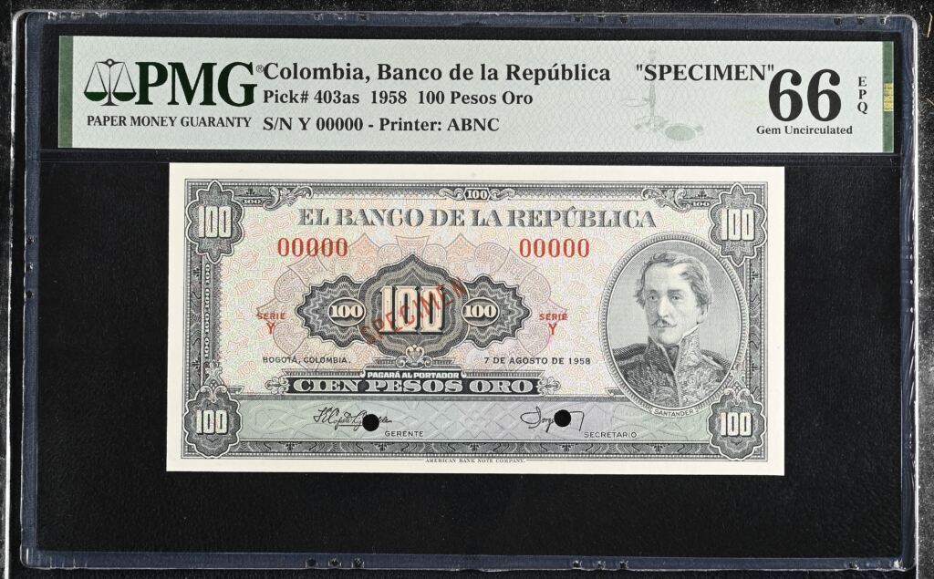 Colombia 100 Pesos Oro 1958 pICK 403AS PMG Gem UNC 66 EPQ 0152334