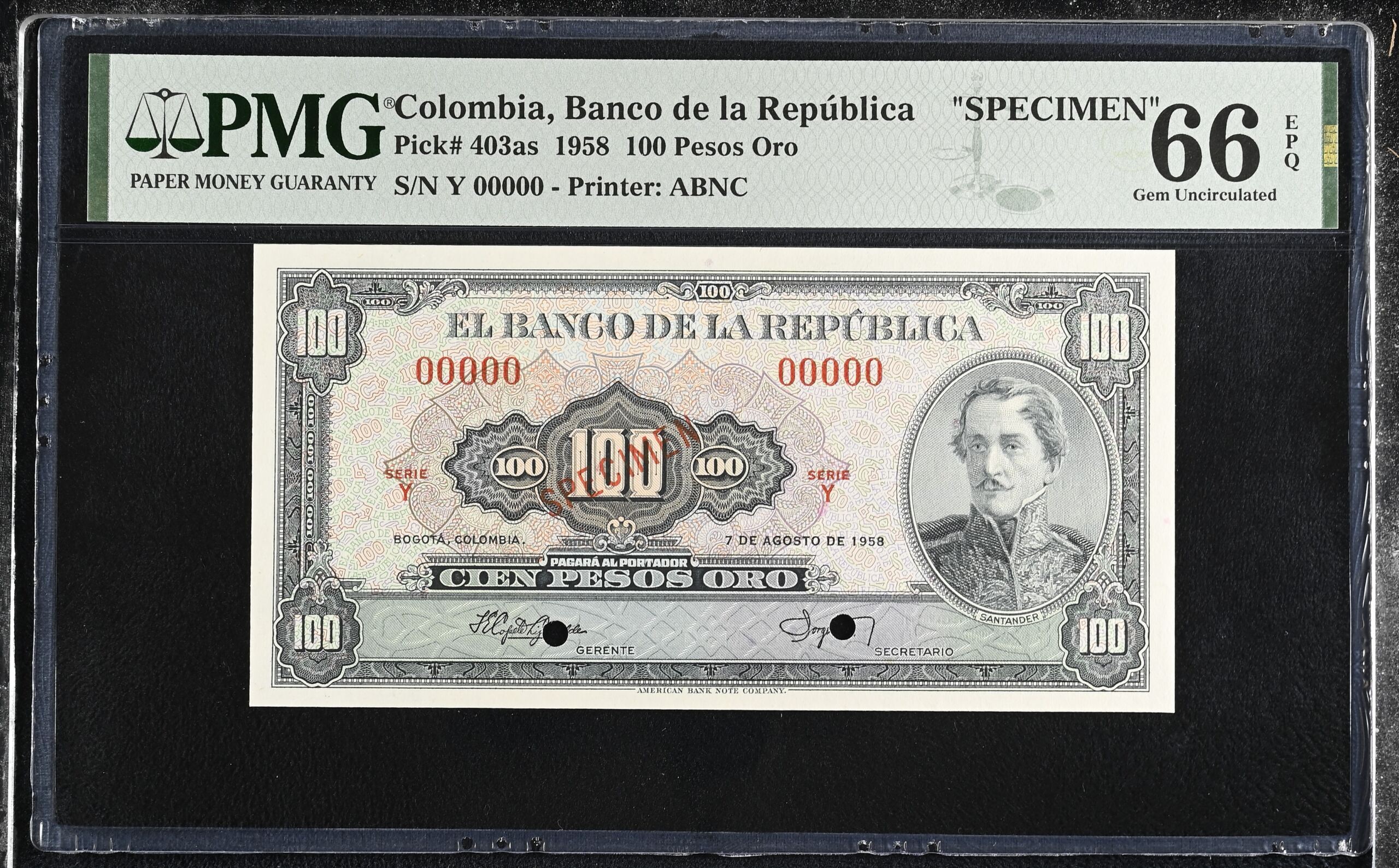 Colombia 100 Pesos Oro 1958 pICK 403AS PMG Gem UNC 66 EPQ 0152334
